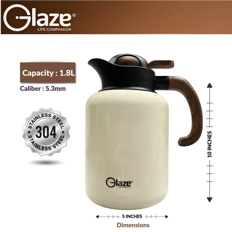 جليز إبريق حراري للقهوة والشاي بسعة 1.8 لتر، ترمس بعزل من الستانلس ستيل 304، يحافظ على المشروبات ساخنة وباردة لساعات، غطاء مانع للتسرب، تصميم أنيق بمقبض خشبي للاستخدام في المنزل، المجلس والضيافة – أبيض - Image 3